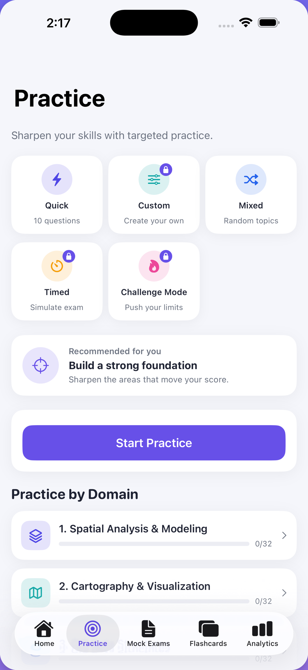 GISP Prep practice modes screen